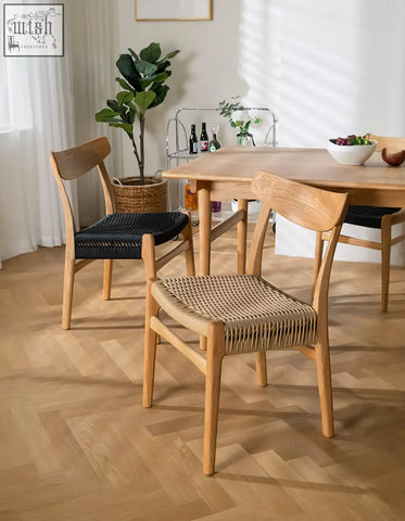 Light oak classic hans w ch01 rattan dining chair with woven natural fiber seat and black leather like backrest