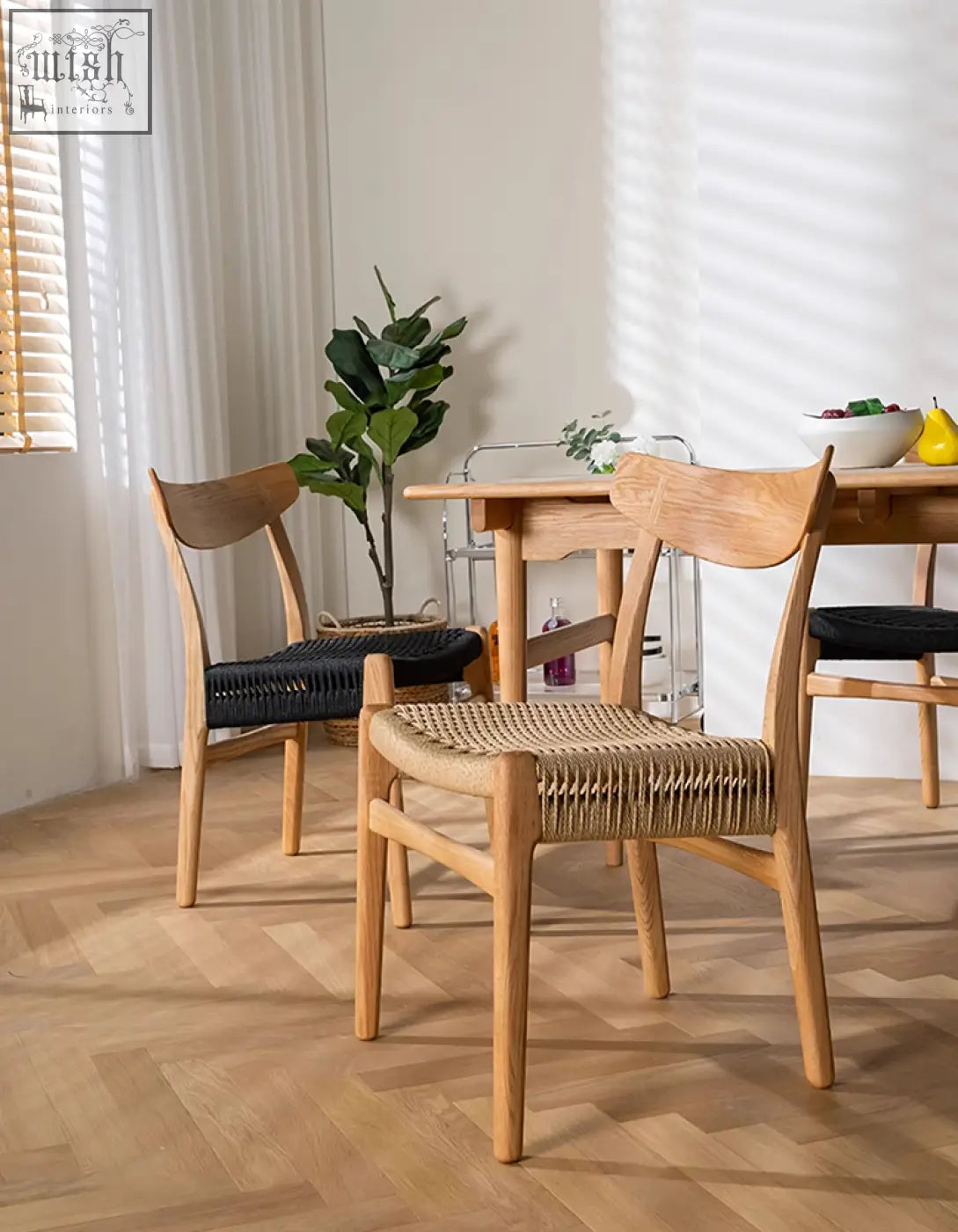 Classic hans w ch01 rattan dining chair with light oak frame and woven natural fiber seat and backrest