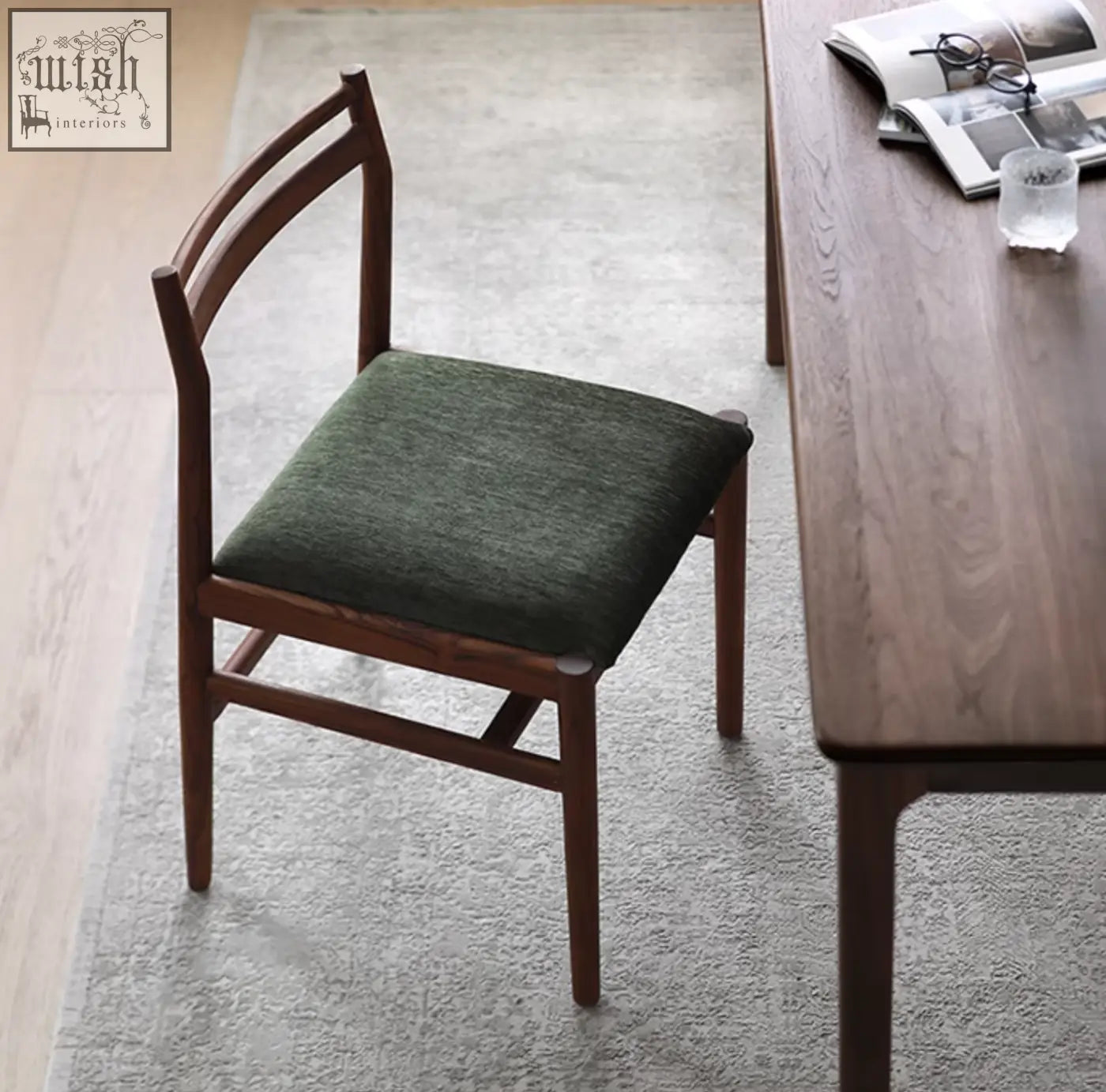 Dark wood itao dining chair with cushioned olive green fabric seat perfect for classic oak dining setups