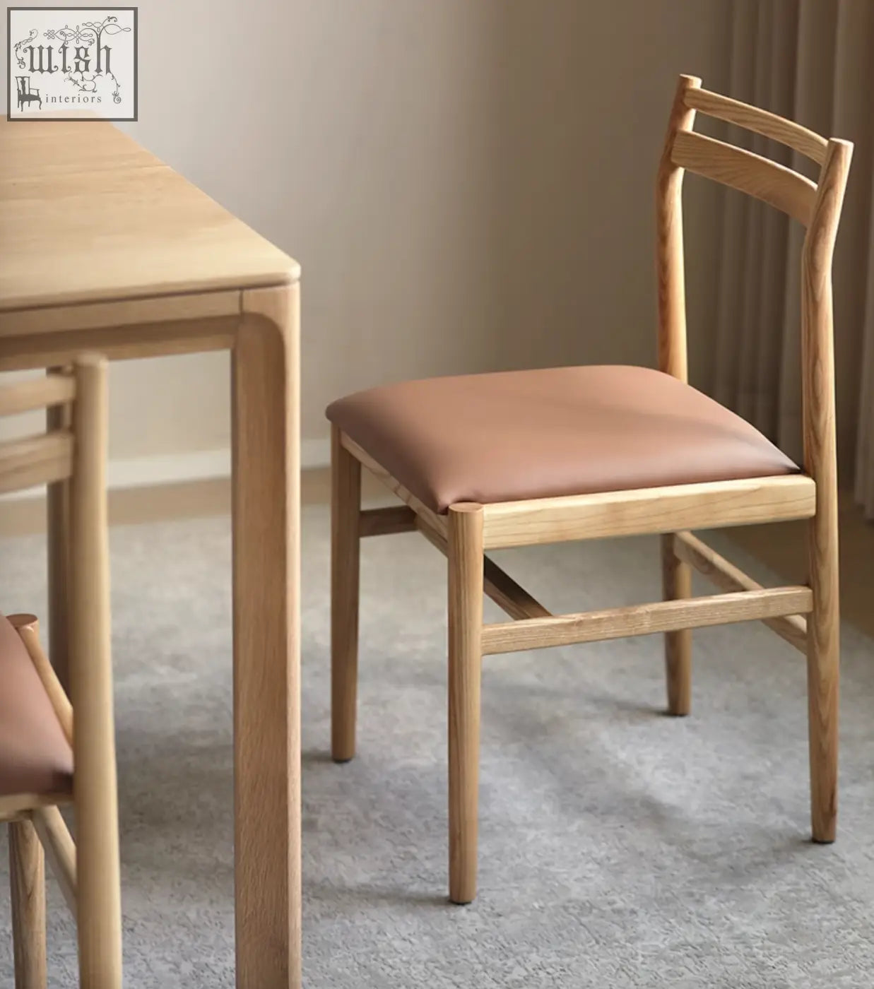 Minimalist itao dining chair in oak with a light brown finish and soft tan leather seat perfect for dining rooms
