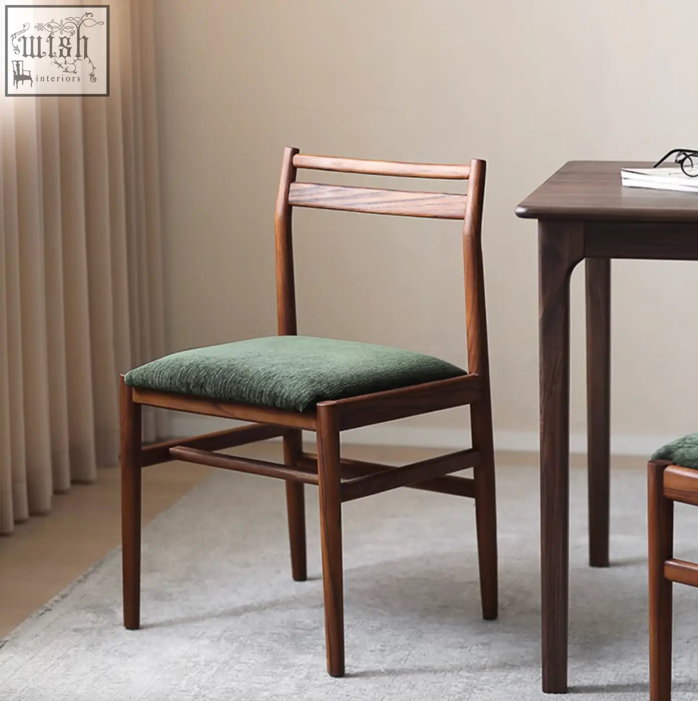 Classic itao dining chair in oak with sleek dark wood frame and textured green upholstered seat and backrest