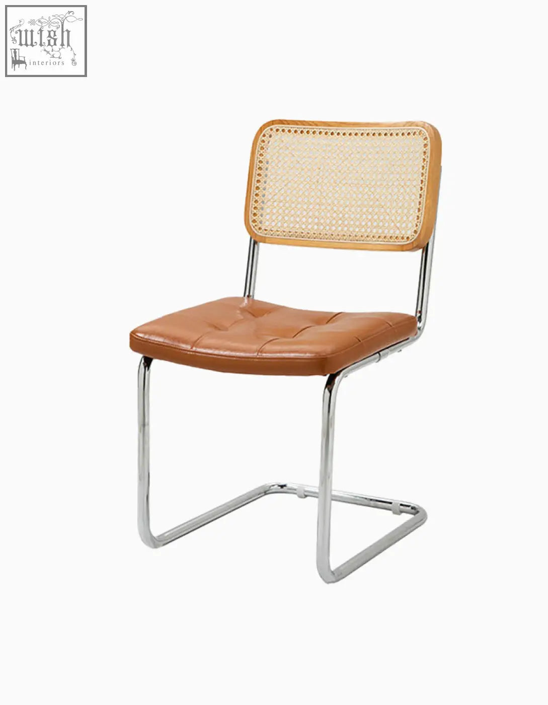 Brown leather tufted classic keaton rattan dining chair with cane backrest and chrome cantilever frame armless