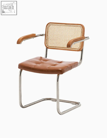 Brown leather tufted classic keaton rattan dining chair with woven cane back and chrome cantilever frame with armrests