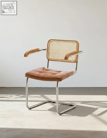Brown leather tufted classic keaton rattan dining chair with woven cane back and chrome cantilever frame with armrests