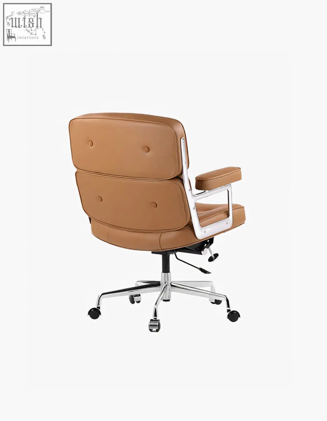 Tan brown leather executive office chair with chrome base and armrests perfect for a stylish workspace