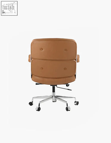 Tan brown leather executive office chair with tufted backrest and chrome base for classic workspace style