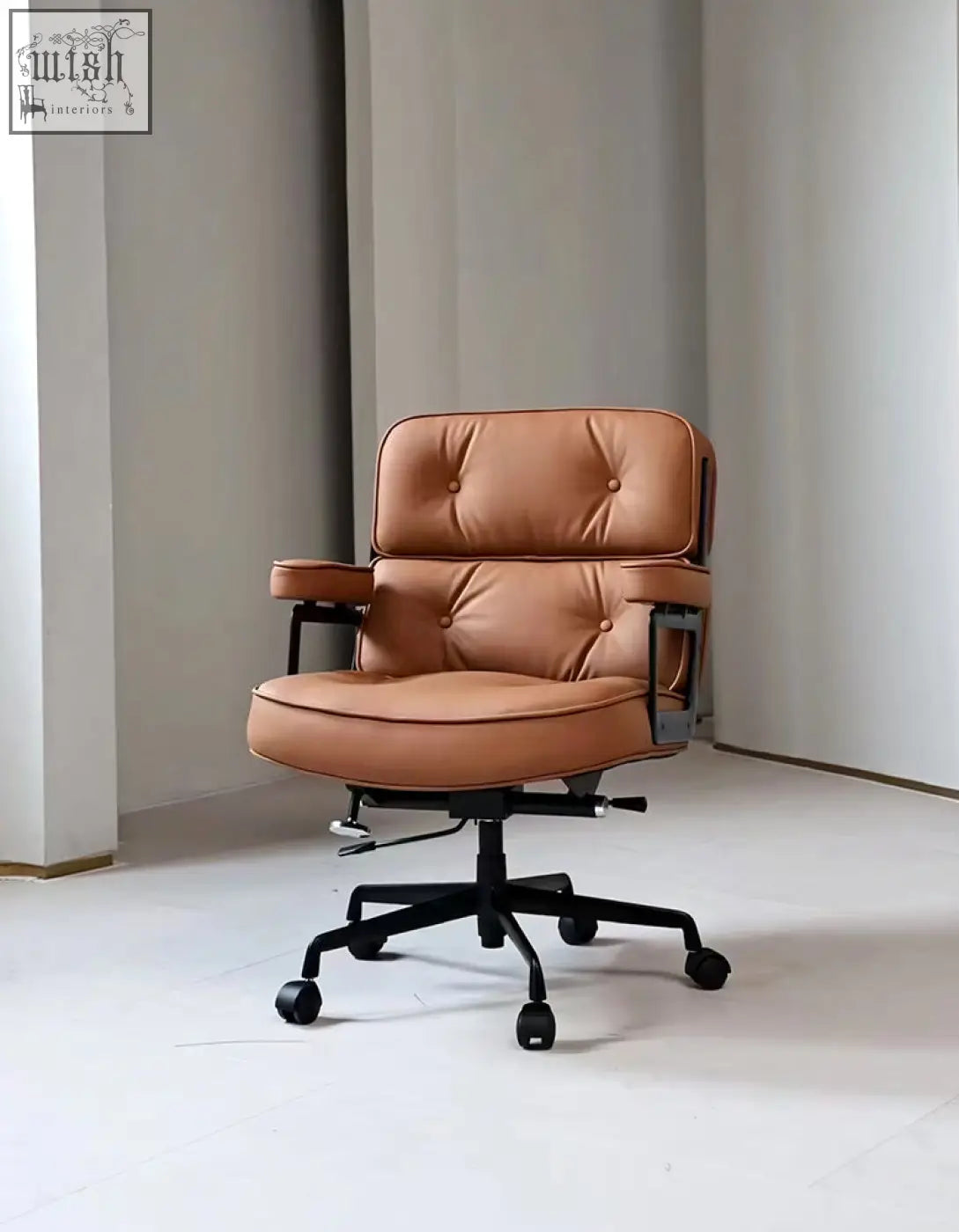 Classic lo8 executive office chair in tan brown leather with tufted upholstery and black metal frame