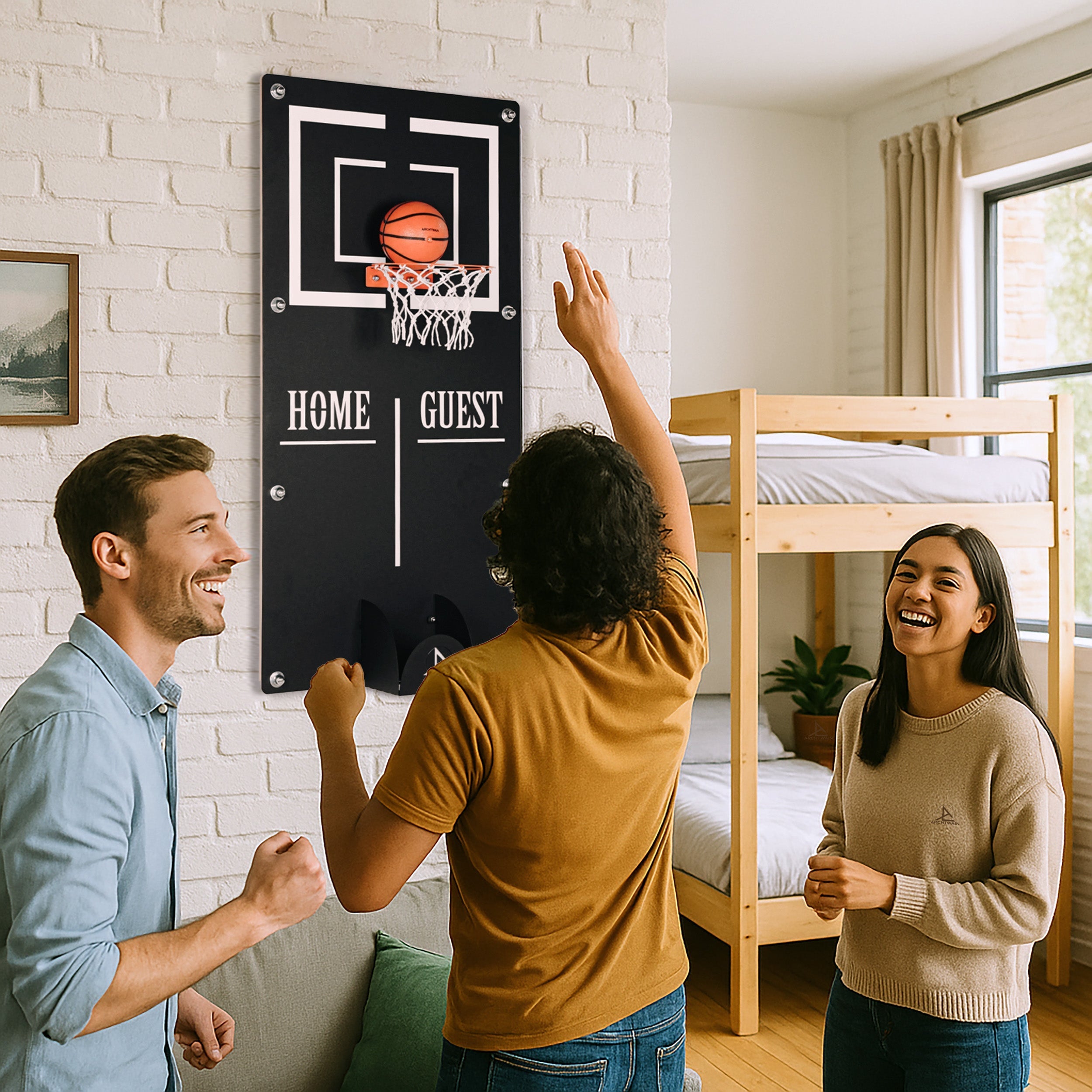 Black classic mega basketball wall game with home guest scoring zones white net orange ball in target area ball holder
