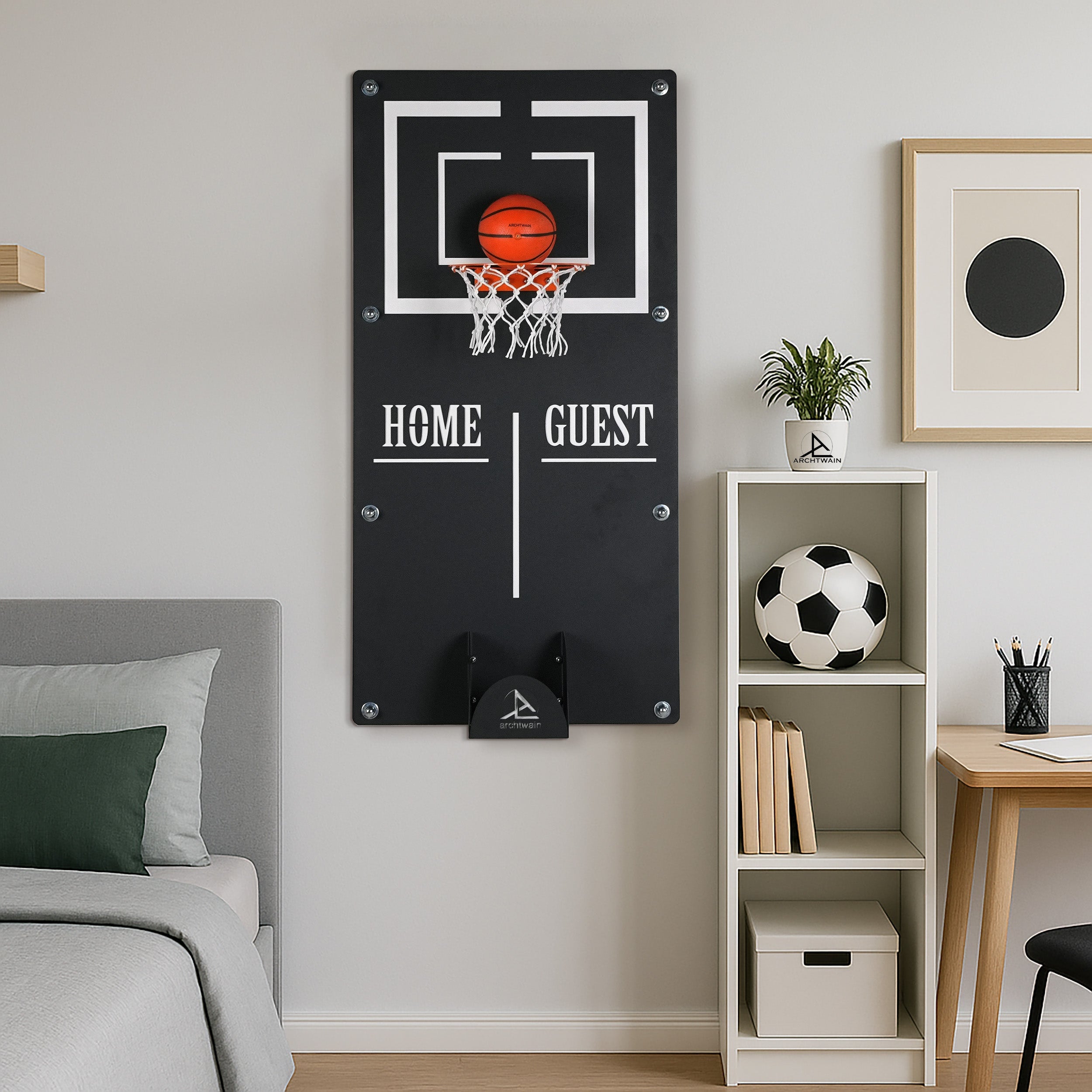 Classic mega basketball wall game black wall-mounted hoop with white lines net target area and home guest scoring zones