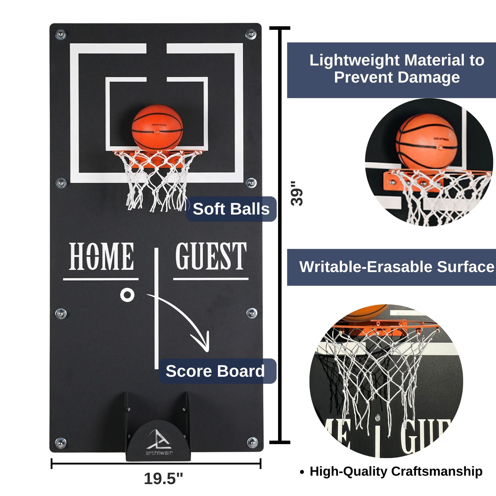 Classic mega basketball wall game with black hoop white net writable target area and ball holder for home and guest scores