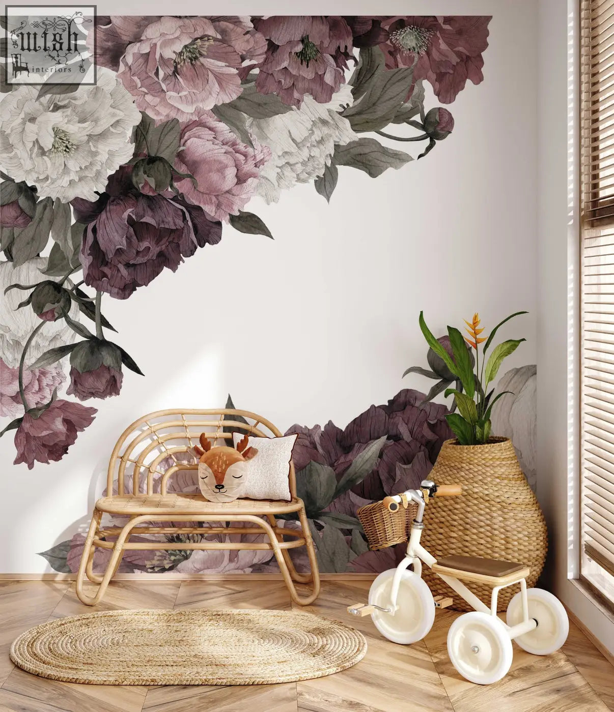 A white children’s tricycle with wooden handlebars and woven basket next to classic peonies wall art for living space