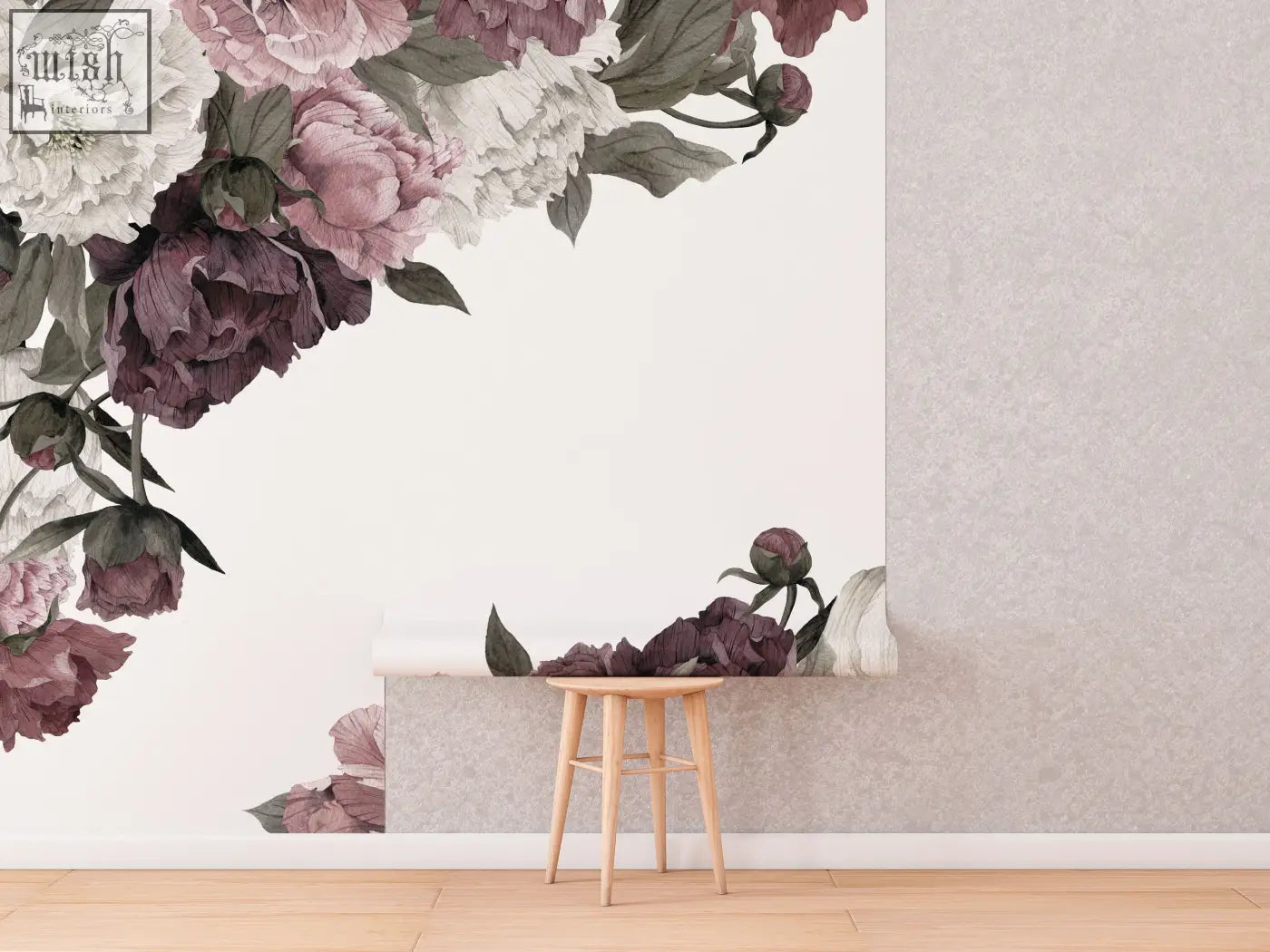 A delicate wooden stool with slender legs and light finish next to classic peonies wall art for living space by contact clickwalls