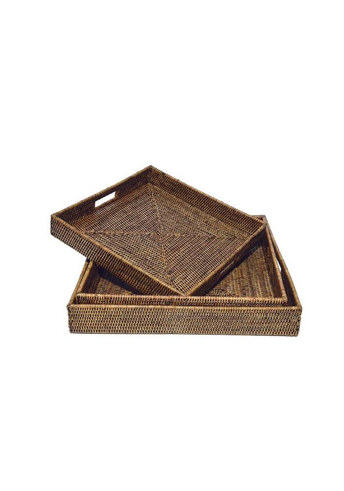 Set of two rectangular woven rattan trays with natural brown finish and subtle geometric pattern perfect for serving