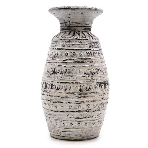 Classic shaped cream lombok ceramic vase with textured gray ceramic and raised circular bands for dry flowers
