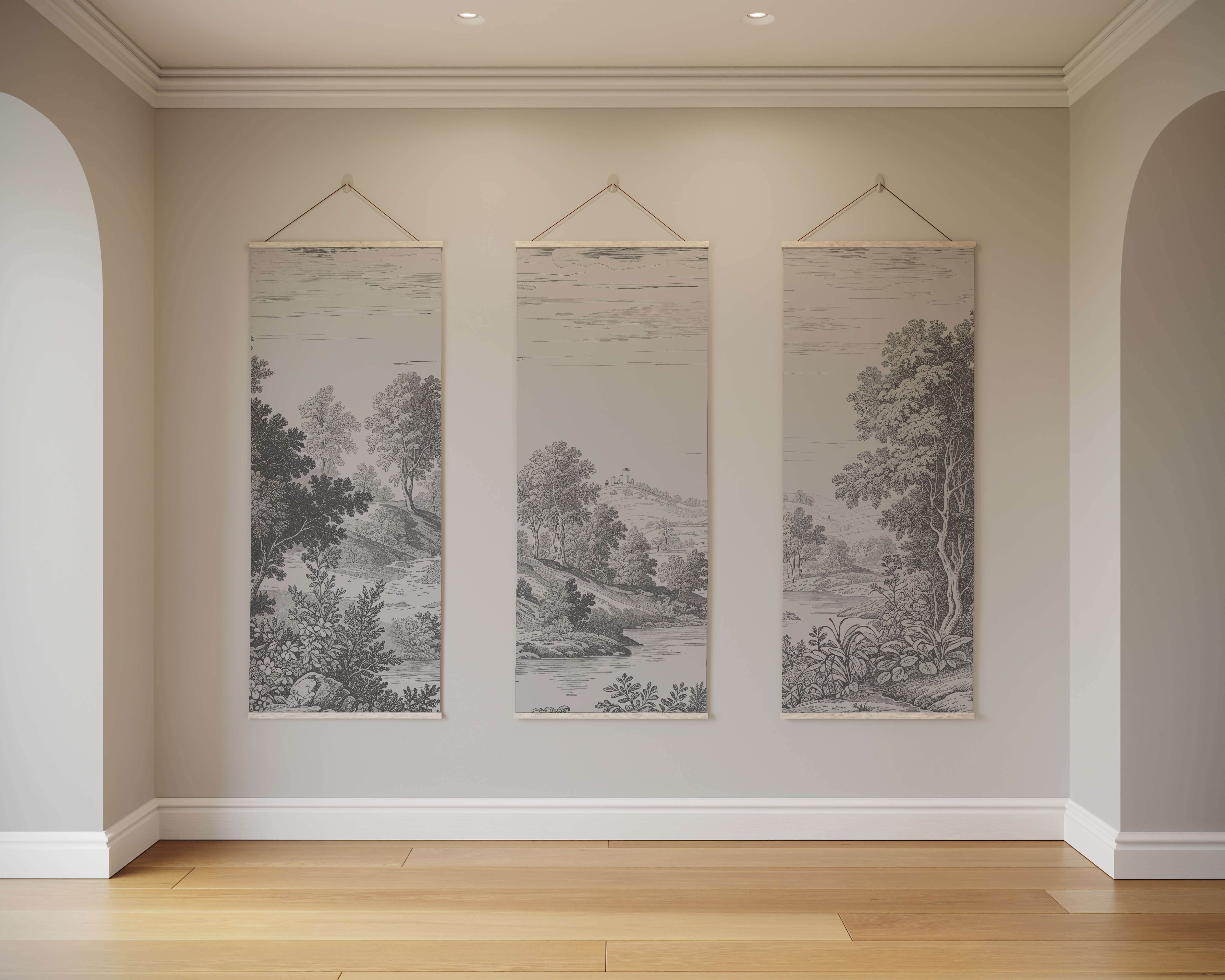 Three elegant classic toile de jouy tapestry landscape tapestries with black and white pastoral scenes and white borders