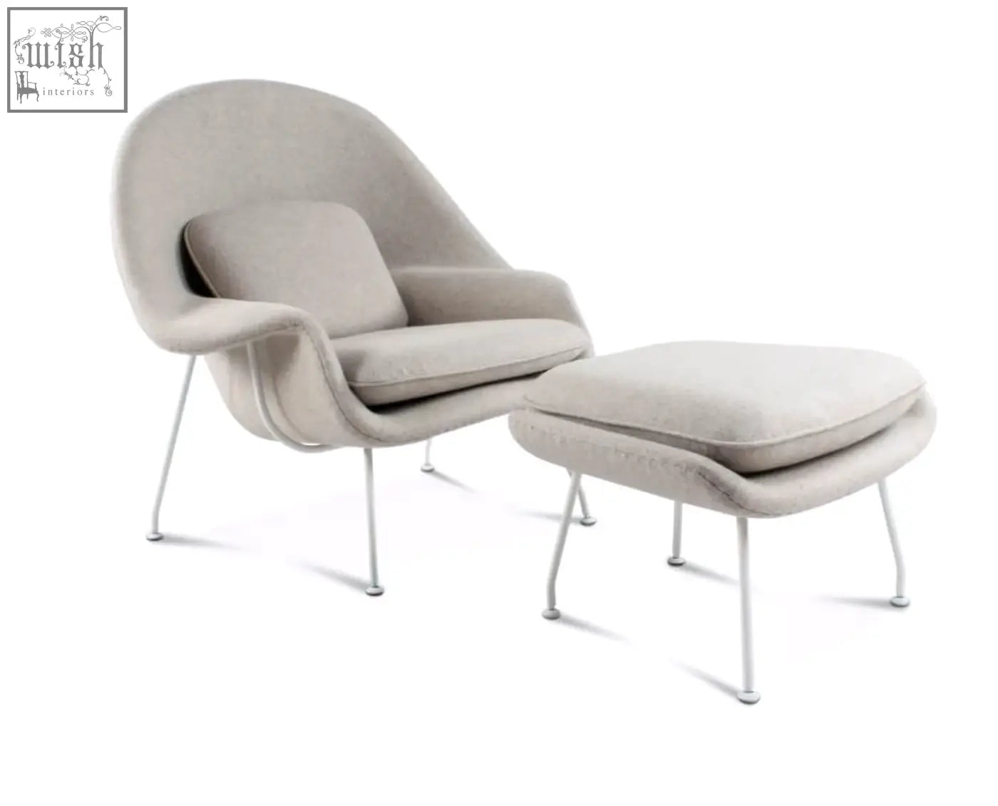 Beige upholstered classic womb chair with matching ottoman in premium velvet featuring sleek chrome legs and curved design
