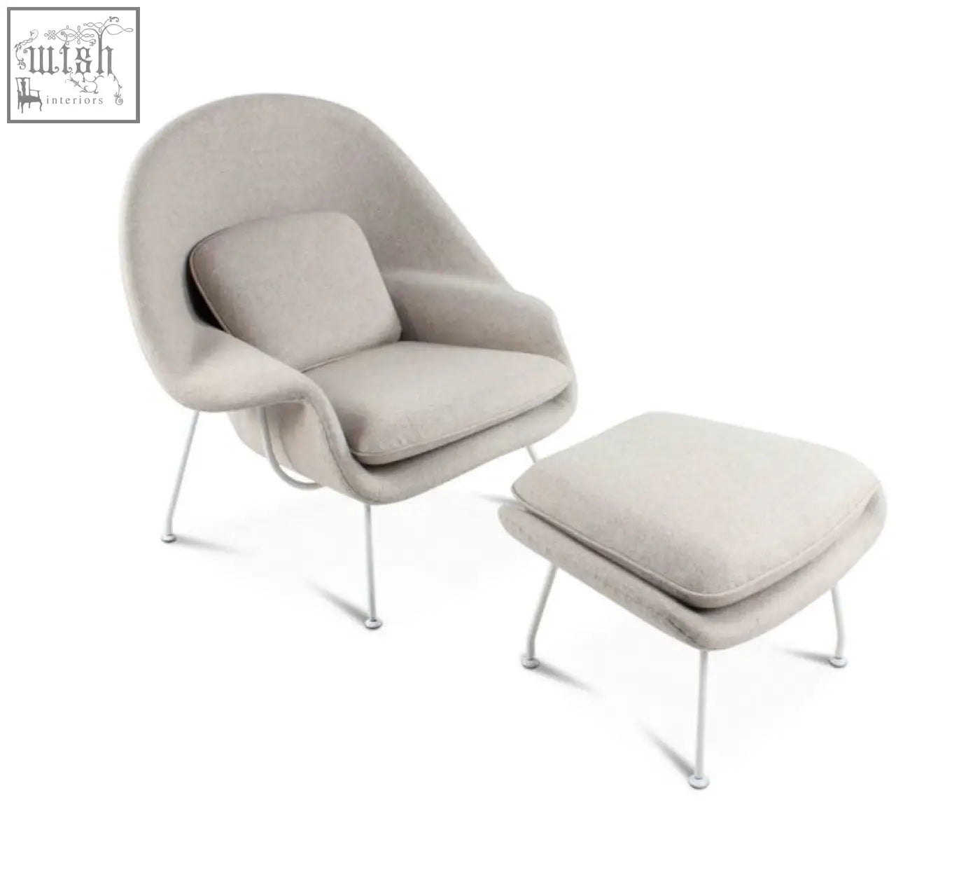 Beige classic womb chair and ottoman with sleek chrome legs in premium velvet featuring modern rounded design