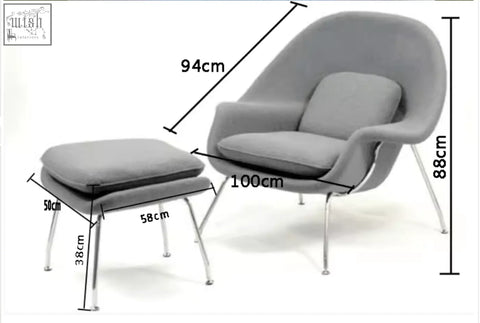 Gray upholstered classic womb chair with chrome legs and matching ottoman in sky blue velvet