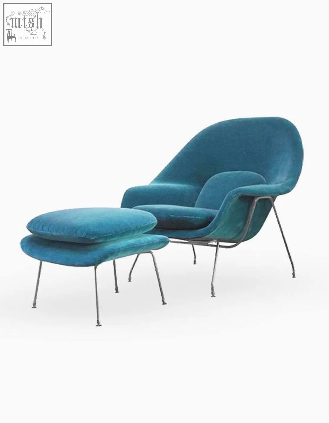 Teal velvet classic womb chair and ottoman with sleek metal legs in modern mid-century design perfect for lounging
