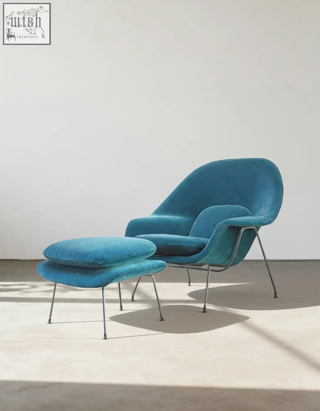 Teal velvet classic womb chair with chrome legs and matching ottoman in premium sky blue velvet upholstery
