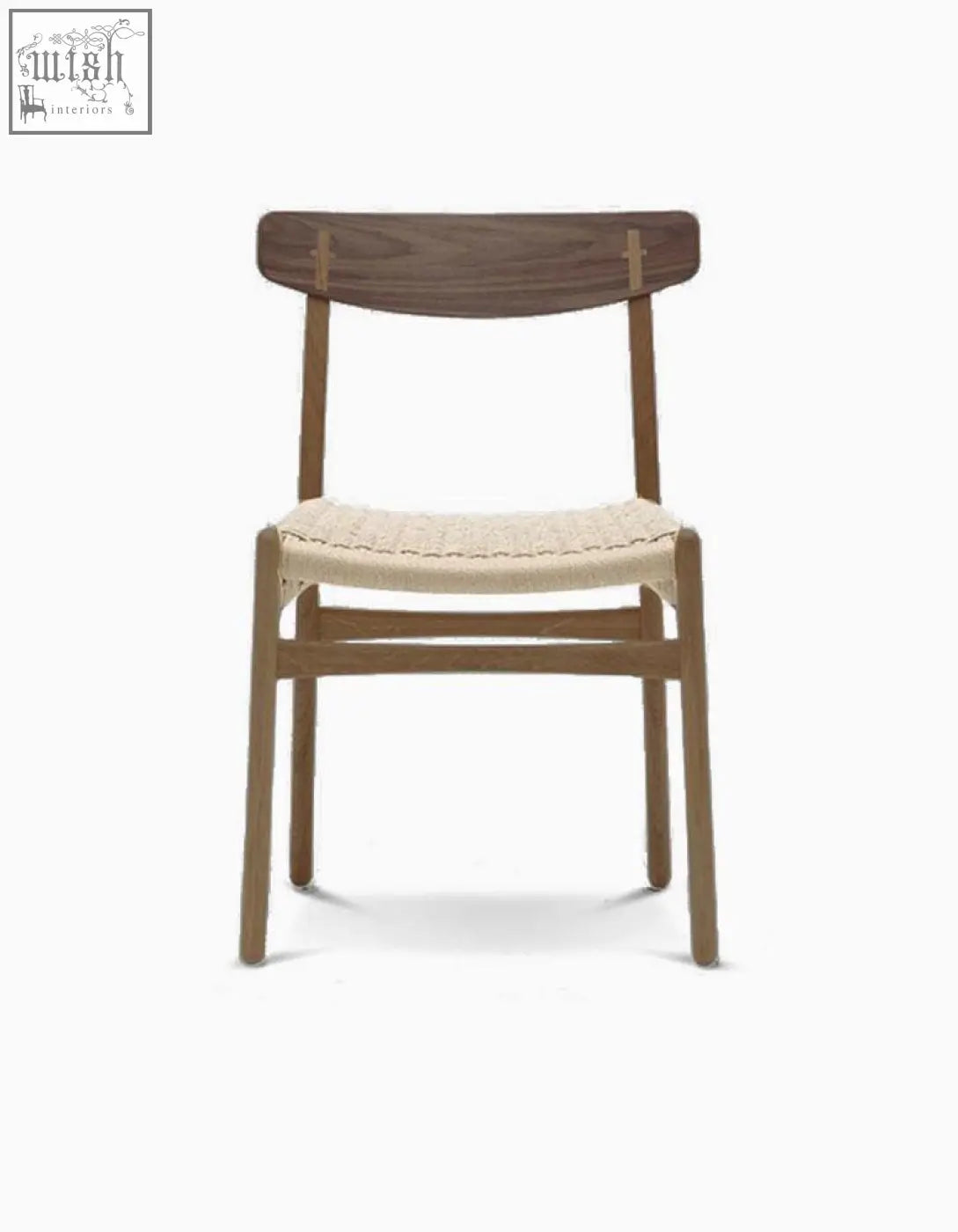 Classical hans.w ch01 rattan dining chair with dark oak backrest and natural wood legs featuring off-white woven seat