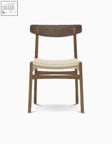 Classical hans.w ch01 rattan dining chair with dark oak backrest and natural wood legs featuring off-white woven seat