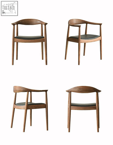 Classical kennedy dining chair in dark oak wood with curved backrest and dark green upholstered seat for dining chairs