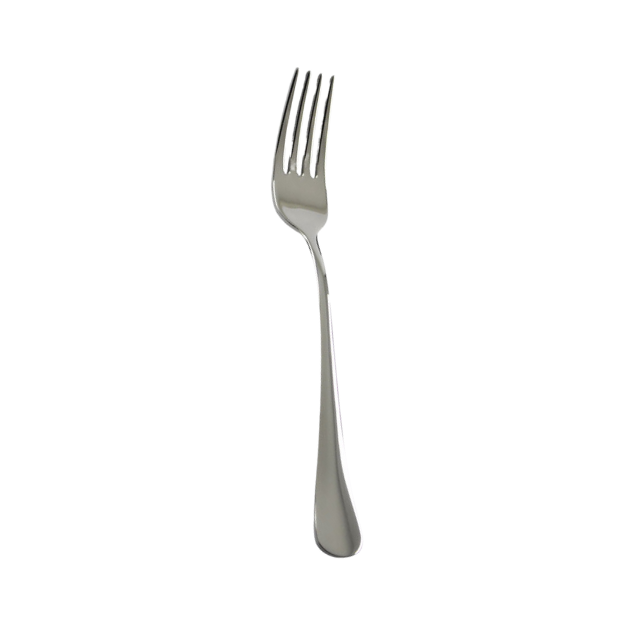 A sleek stainless steel claudia table fork with polished finish and four evenly spaced tines for dining use