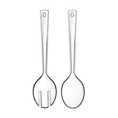 Clear plastic summer salad servers set featuring a spoon and fork perfect for serving salads outdoors