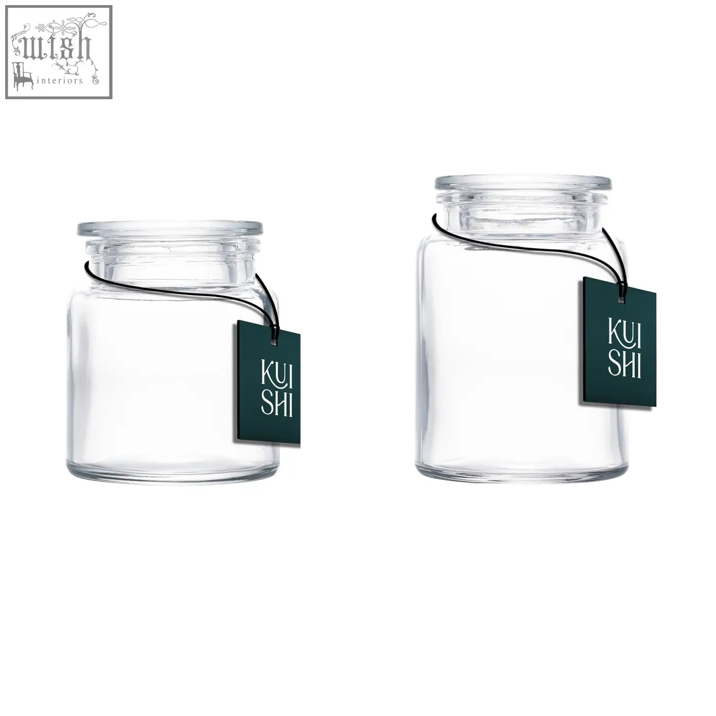Two clear glass storage jars with black string tags from kui shi in a large clear storage jar set