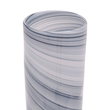 Cleo large grey glass vase featuring a clear flexible hose with spiral ribbed texture and subtle greyish-blue stripes