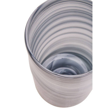 Silver metallic cylindrical container with concentric ridges and smooth reflective interior for large grey glass vase use
