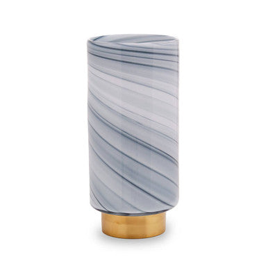 A sleek large grey glass vase with swirling marble patterns on a polished gold-toned base called cleo large grey vase
