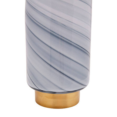 CleO large grey glass vase with swirling grey and white patterns on a polished gold base