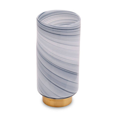 A sleek large grey glass vase with swirling gray and white patterns and a polished gold base called cleo large grey vase