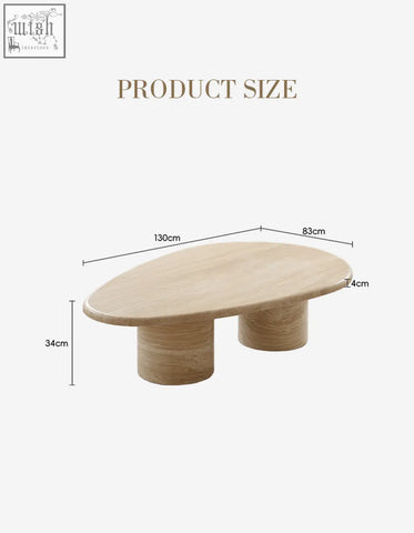 Clio art deco oval coffee table with smooth curves light wood finish and two cylindrical legs