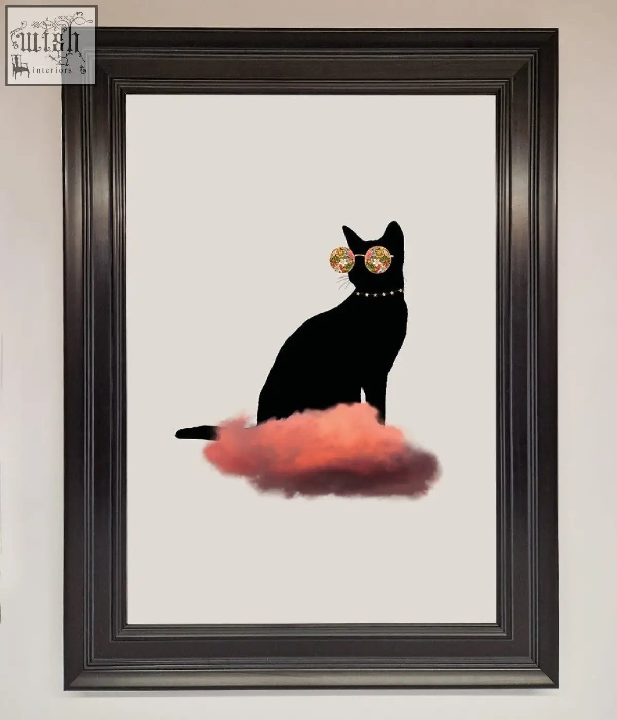Black cat silhouette wearing gold sunglasses and pearls sitting on coral cloud in cloud cat framed poster