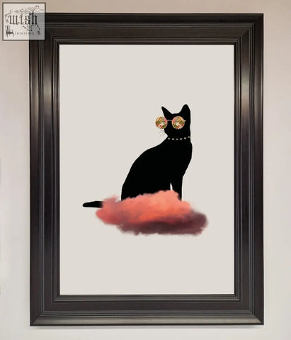 Black cat silhouette wearing gold sunglasses and pearls sitting on coral cloud in cloud cat framed poster