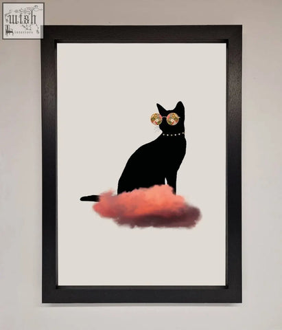 Black cat silhouette with gold glitter sunglasses and pearl necklace on pink cloud in cloud cat framed black poster