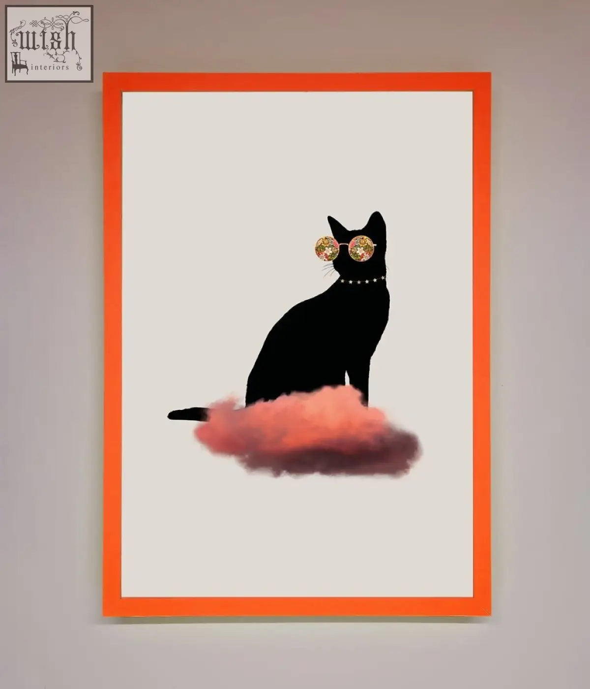 A cloud cat framed poster with a black cat silhouette wearing round sunglasses sitting on a pink cloud against white background