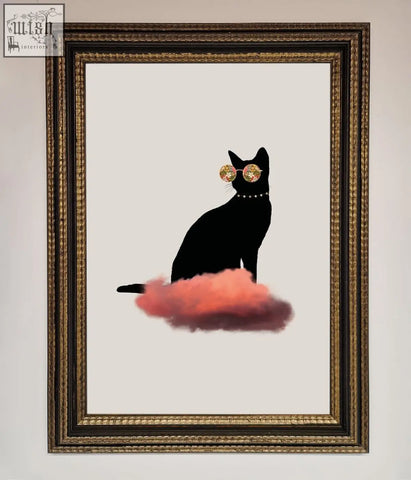 Black cat with glittery sunglasses and beaded collar sitting on a pink cloud in cloud cat framed poster