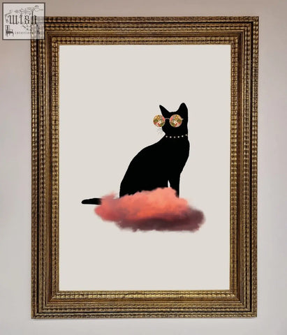 Cloud cat framed poster featuring a black cat silhouette with gold sunglasses and pearls on a pink cloud background