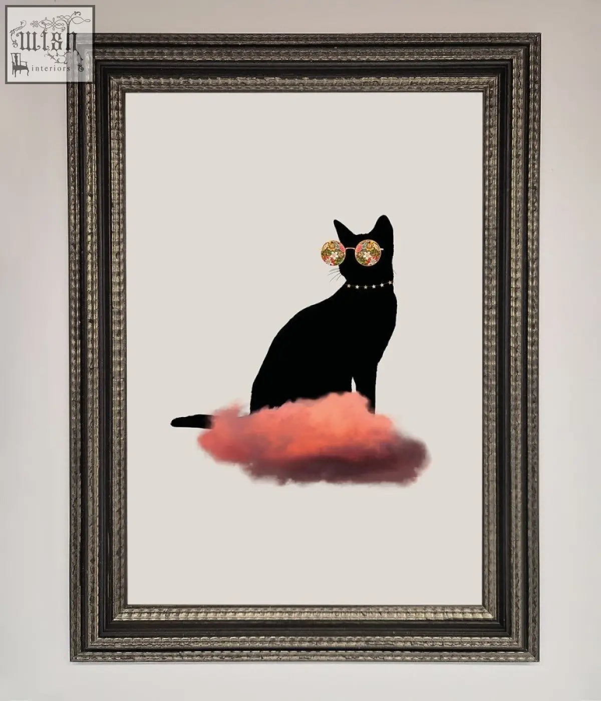Black cat silhouette wearing gold sunglasses and pearl necklace sitting on coral cloud in cloud cat framed poster