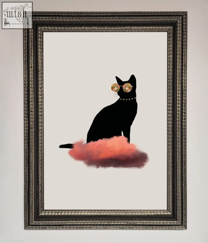 Black cat silhouette wearing gold sunglasses and pearl necklace sitting on coral cloud in cloud cat framed poster
