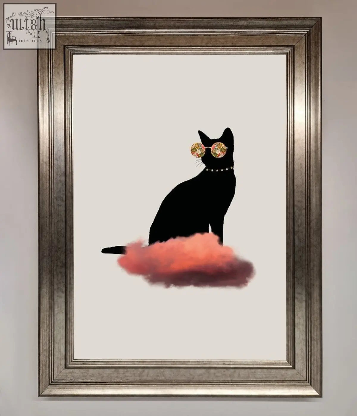 Black cat silhouette wearing gold-rimmed sunglasses and pearl necklace on coral cloud in cloud cat framed poster