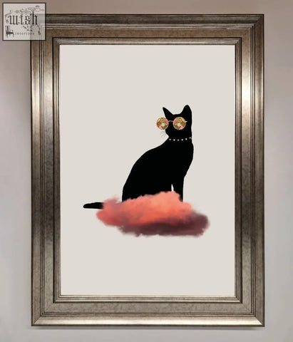 Black cat silhouette wearing gold-rimmed sunglasses and pearl necklace on coral cloud in cloud cat framed poster