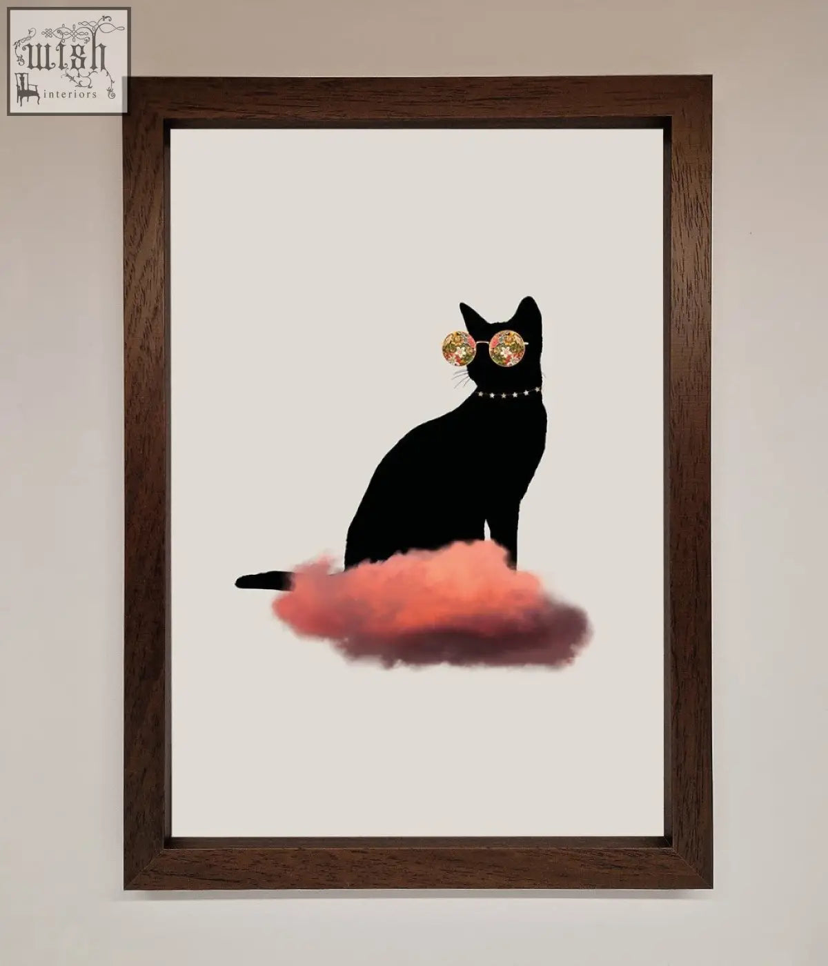Black cat wearing gold sunglasses and pearl necklace sitting on a pink cloud in a cloud cat framed poster