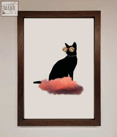 Black cat wearing gold sunglasses and pearl necklace sitting on a pink cloud in a cloud cat framed poster