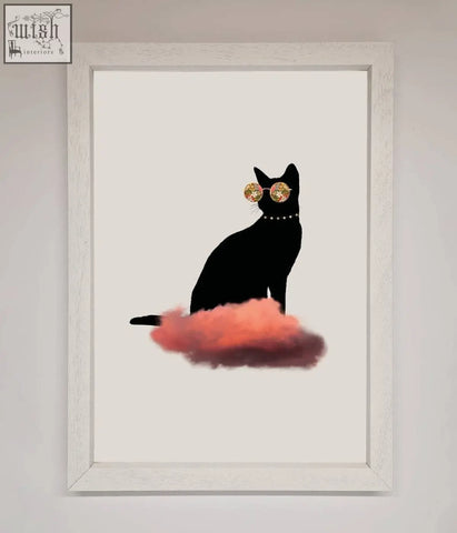 Cloud cat framed poster featuring a black cat silhouette with gold glitter sunglasses and pearls on an orange cloud