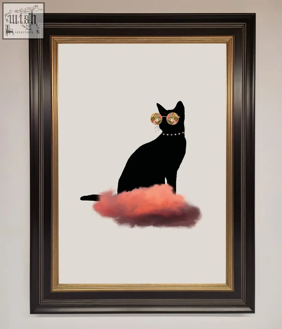 Cloud cat framed poster features a black cat silhouette with gold sunglasses and pearls sitting on a pink cloud in a dark wood frame